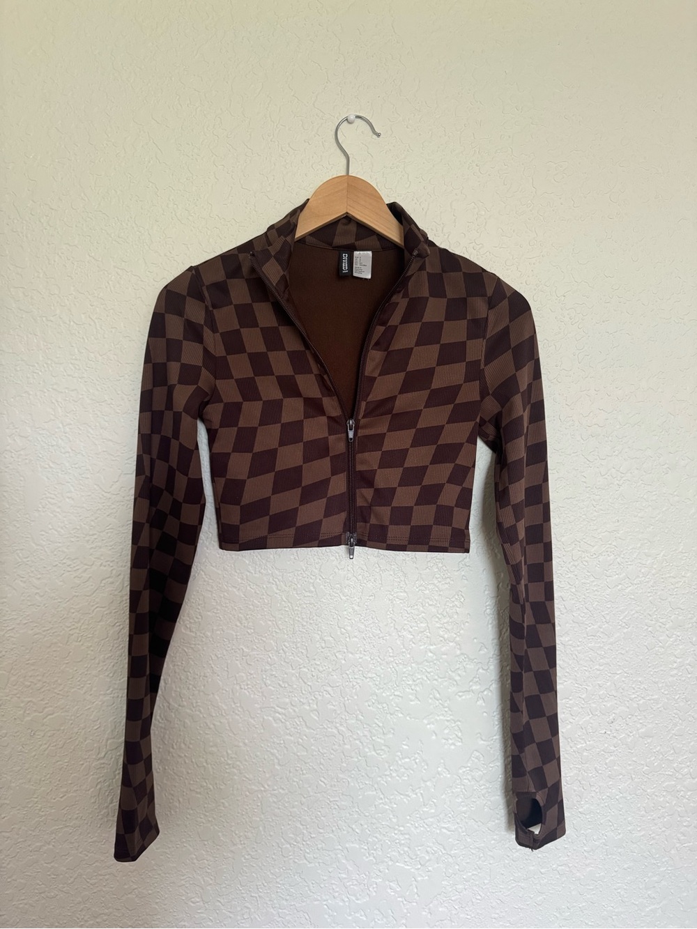 H&M Brown Checkerboard Zip Crop Top
